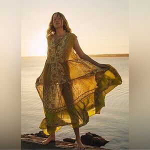 Free People Women’s Hanalei Bay Lace Up Tiered Coconut Milk Combo Maxi Dress M